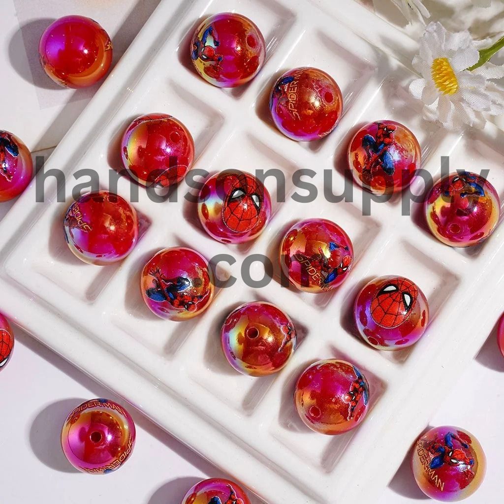 UV-Coated Dynamic Spider Hero Red Series Printed Round Acrylic Beads for Bracelets, 16MM, Random Mix