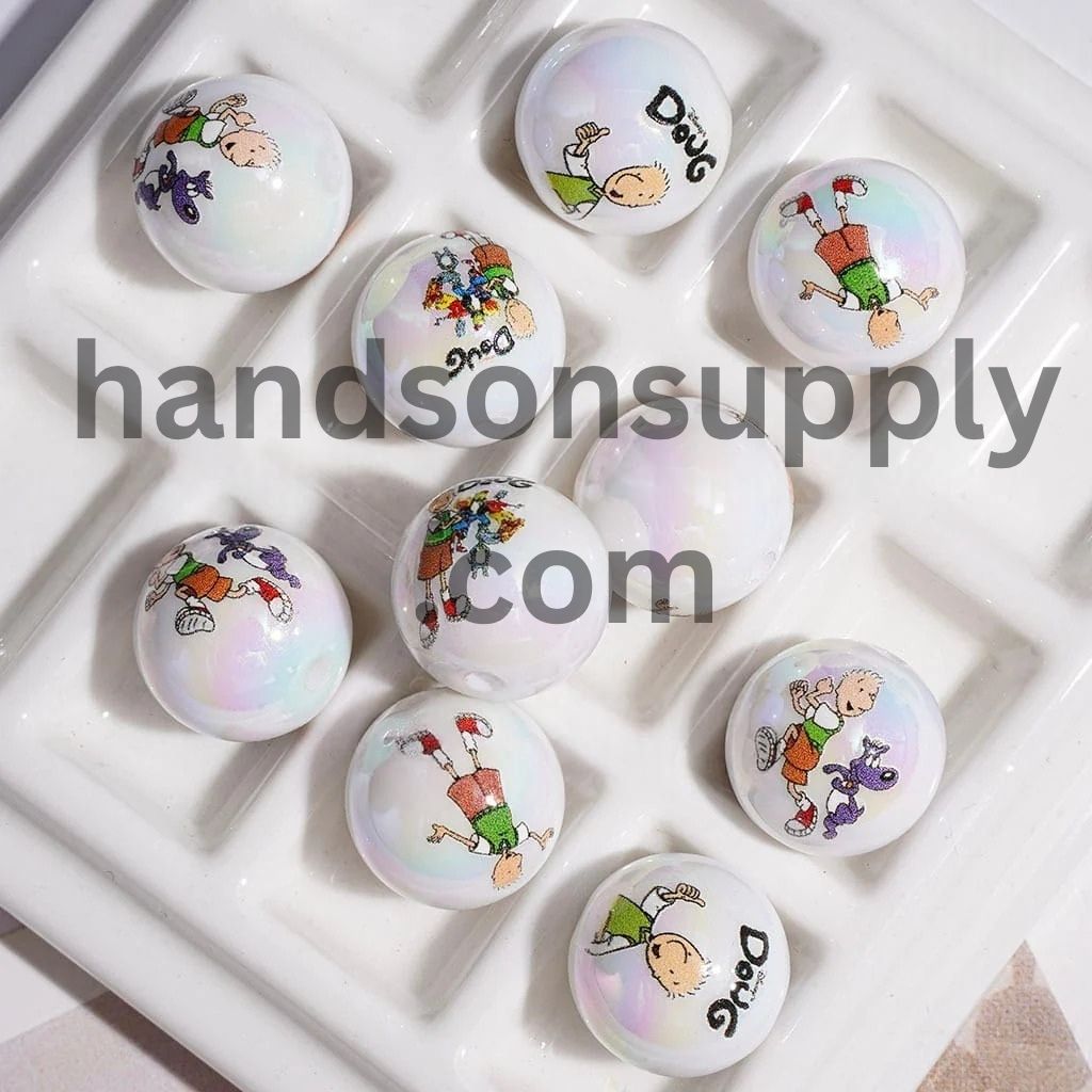 UV-Coated Charming Funny Boy Cartoon Printed Round Acrylic Beads & Bracelets, 16MM, Random Mix