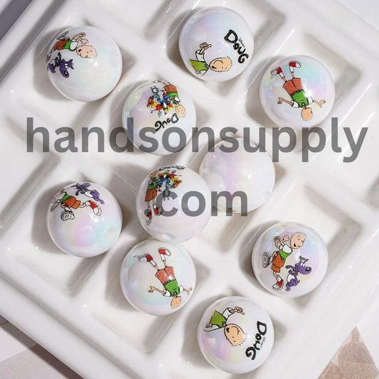 UV-Coated Charming Funny Boy Cartoon Printed Round Acrylic Beads & Bracelets, 16MM, Random Mix