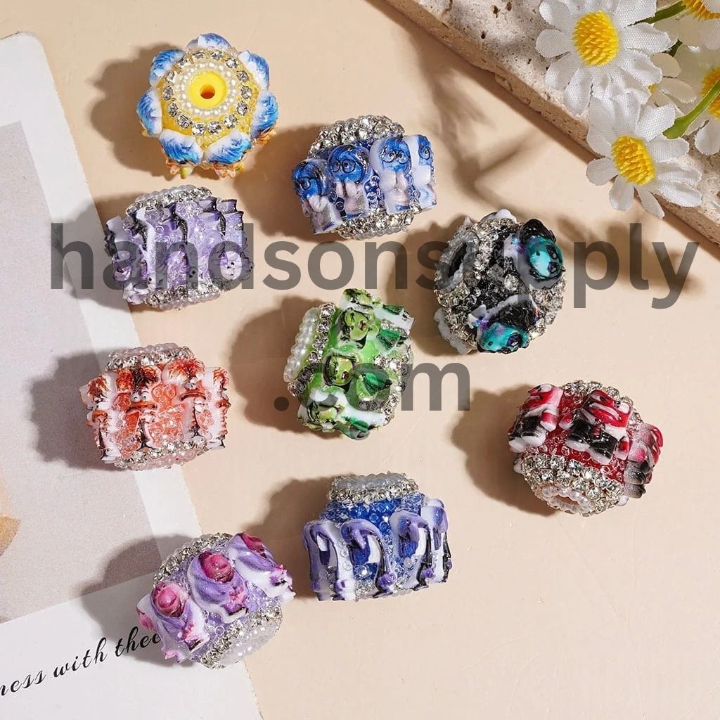 Cute Five Emotion Character with Sparkling Cone Rhinestones, Clear Rhinestone & White Pearl Chains Sugar Beads, 21MM Random Mix