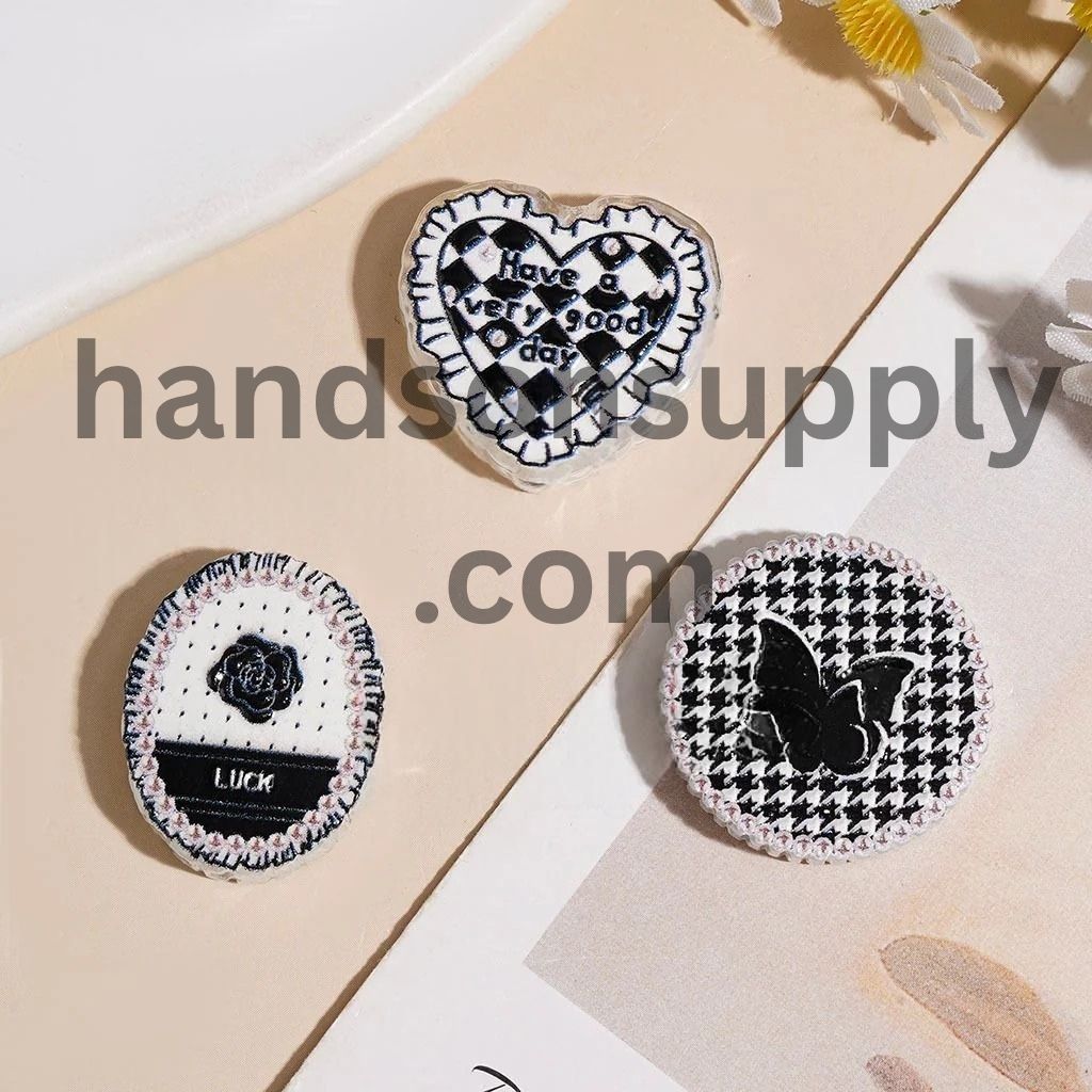 Elegant Black & White Bowtie, Butterfly & Camellia Flower Pattern Acrylic Beads, Flat Round, Heart & Oval Shapes, Random Mix