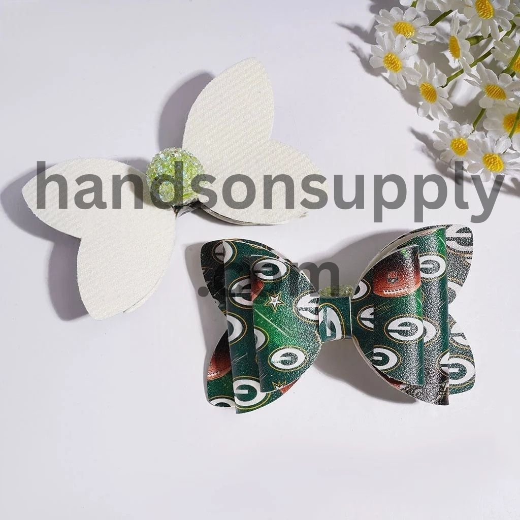 Sporty USA Football Team Pattern Printed Fabric Bowtie with Sparkling AB Rhinestone & Clear Ball Chains Acrylic Sugar Beads