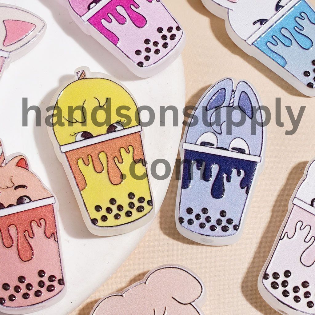 Playful Bubble Tea Cup with Cute Animal Head Acrylic Beads, 31MM, Assorted Colors, Random Mix