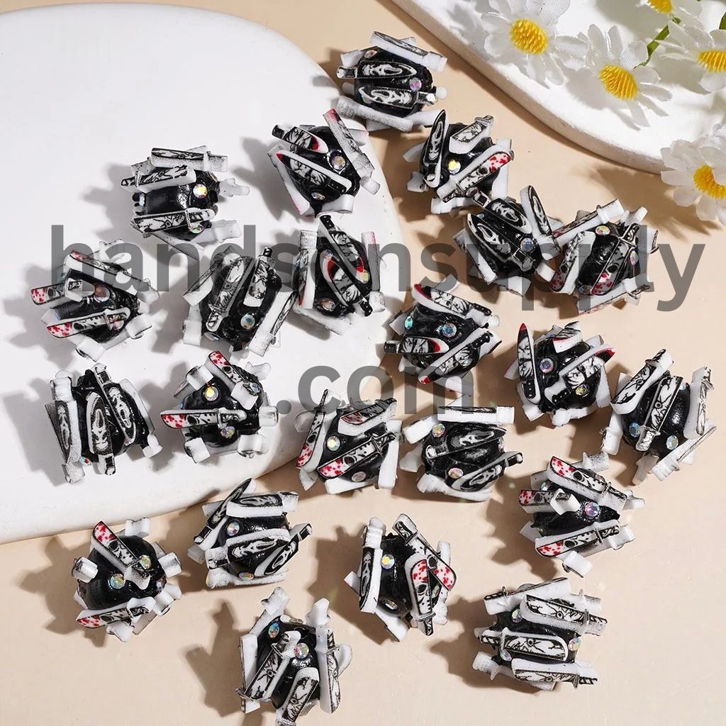 Spooky Horror Knife with Red Liquid & AB Rhinestone Clay Beads, 18MM, Random Mix