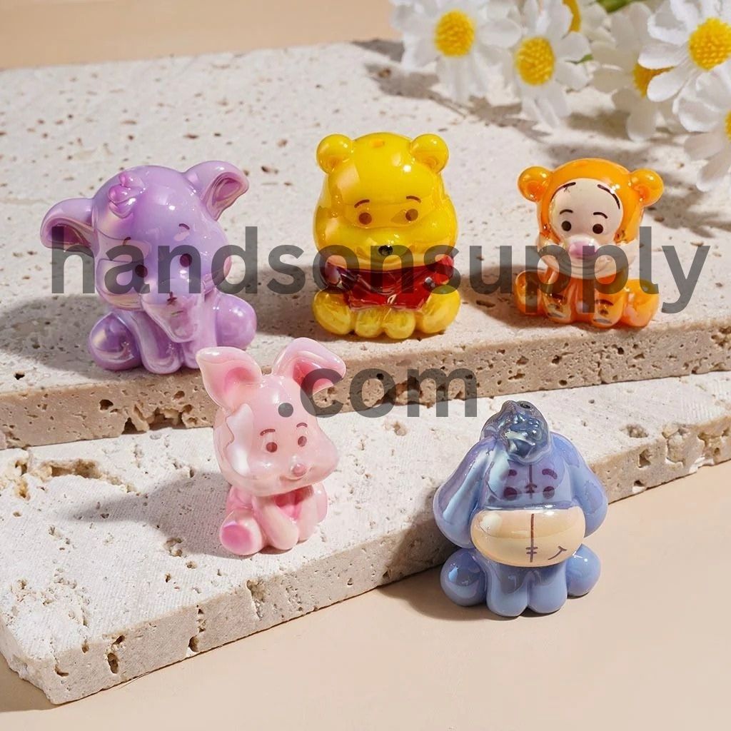 UV-Coated Cute Sitting Animal Characters, Bear, Donkey, Tiger, Pig & Elephant Acrylic Beads, Multicolor Random Mix