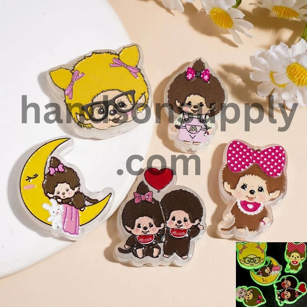 Luminous Whimsical Japanese Monkey Doll Character Acrylic Beads, Random Mix