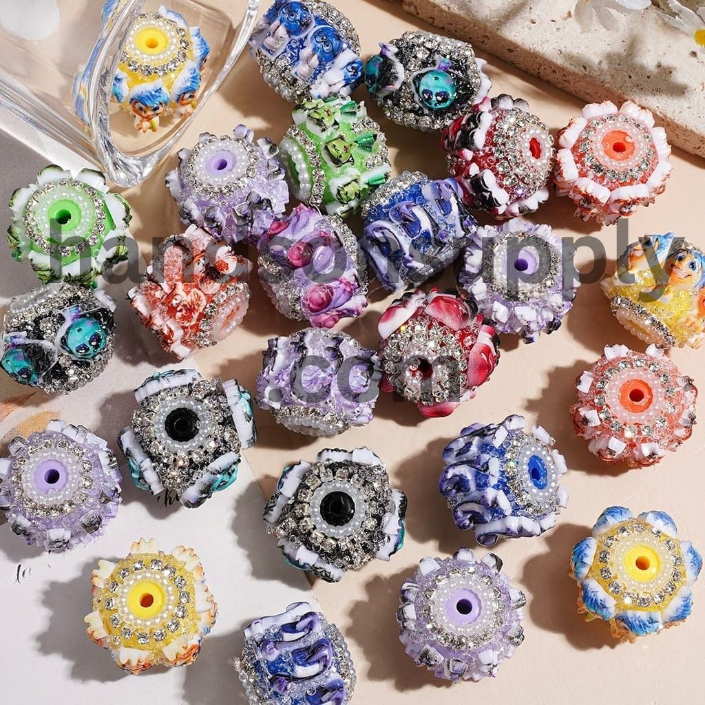 Cute Five Emotion Character with Sparkling Cone Rhinestones, Clear Rhinestone & White Pearl Chains Sugar Beads, 21MM Random Mix