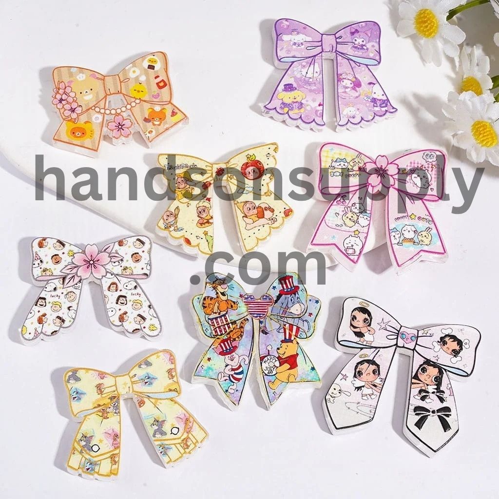 Classic Animal Character and Freckled Girl Doll Pattern Bowtie Acrylic Beads, Random Mix