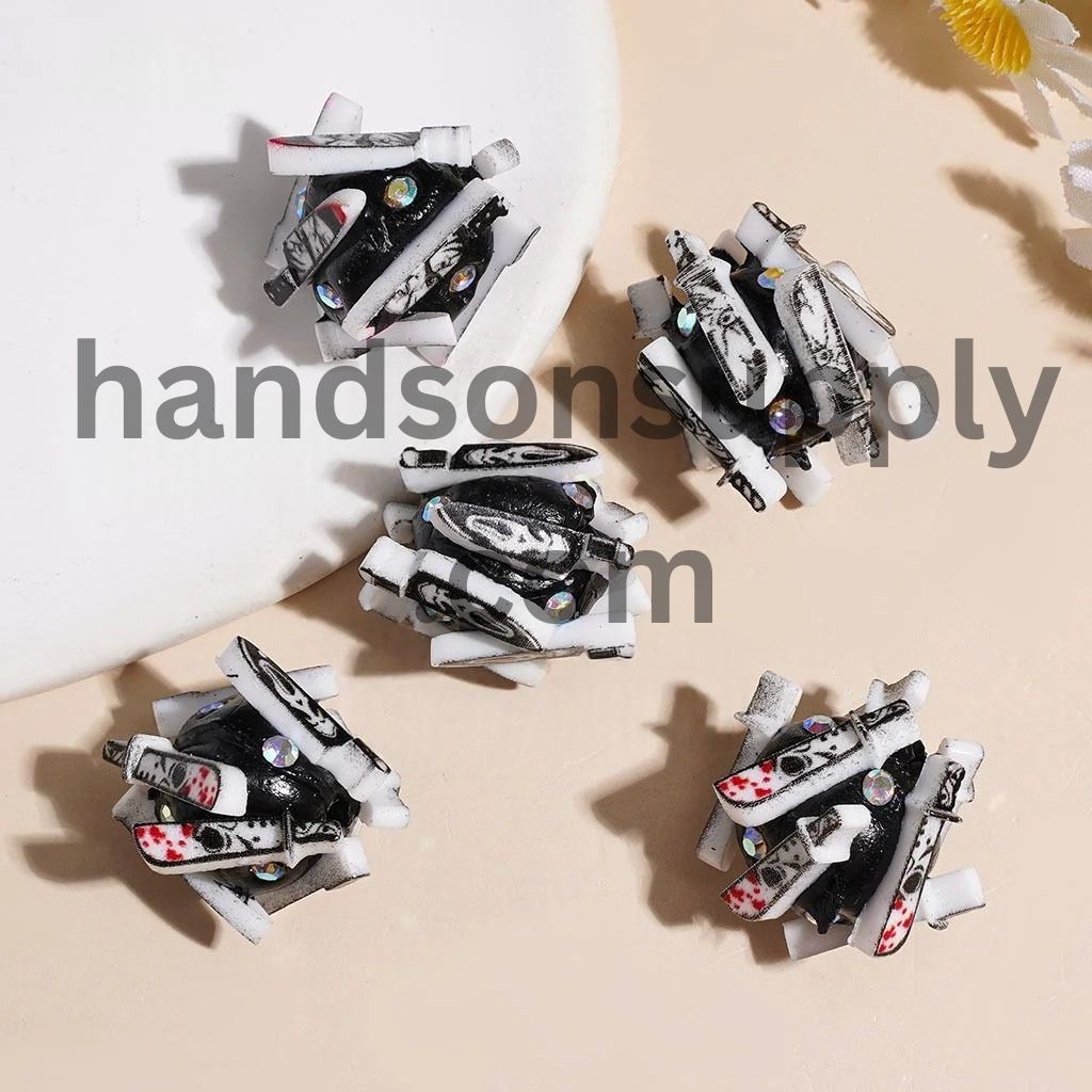 Spooky Horror Knife with Red Liquid & AB Rhinestone Clay Beads, 18MM, Random Mix