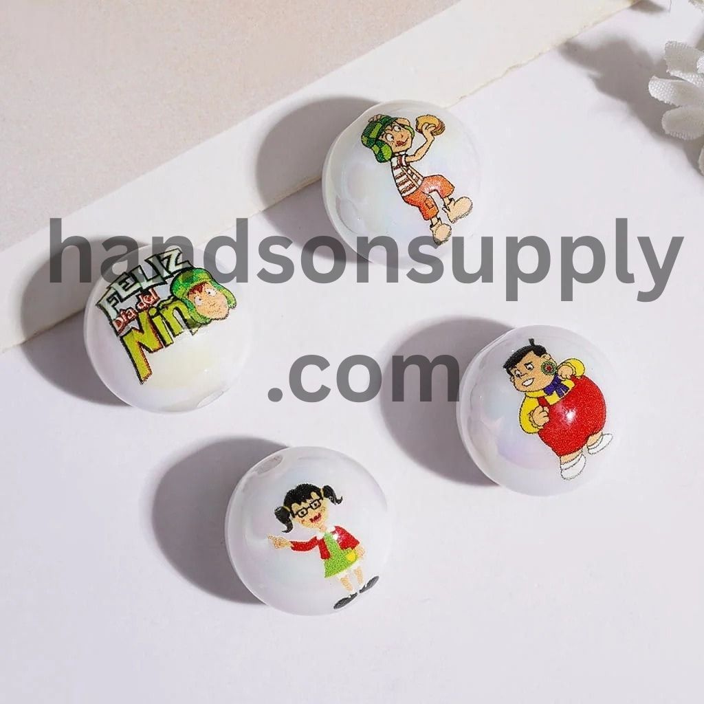 UV-Coated Charming Retro Latin Comedy Character Printed Round Acrylic Beads & Bracelets, 16MM, Random Mix