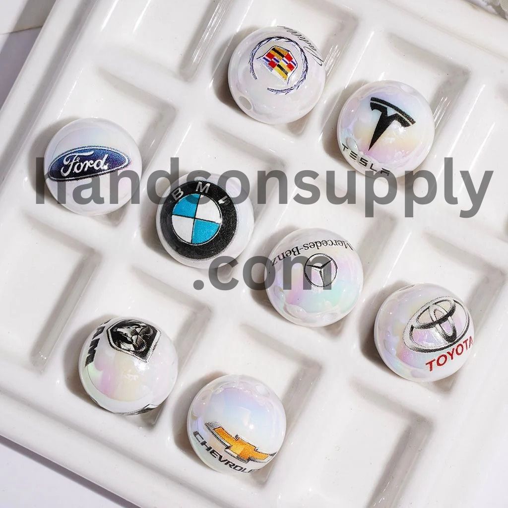 UV-Coated Stylish Famous Car Badge Printed Round Acrylic Beads for Bracelets, 16MM, Random Mix