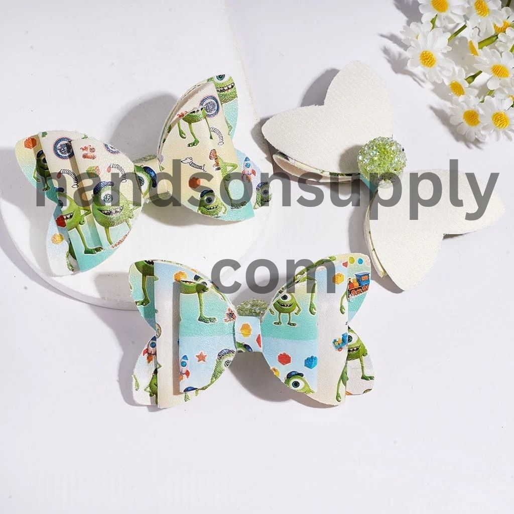 Playful Green One-Eyed Monster Character Fabric Bowtie with Sparkling AB Rhinestone, Clear Ball Chains & Acrylic Sugar Beads, 56*91MM