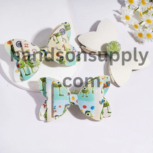 Playful Green One-Eyed Monster Character Fabric Bowtie with Sparkling AB Rhinestone, Clear Ball Chains & Acrylic Sugar Beads, 56*91MM