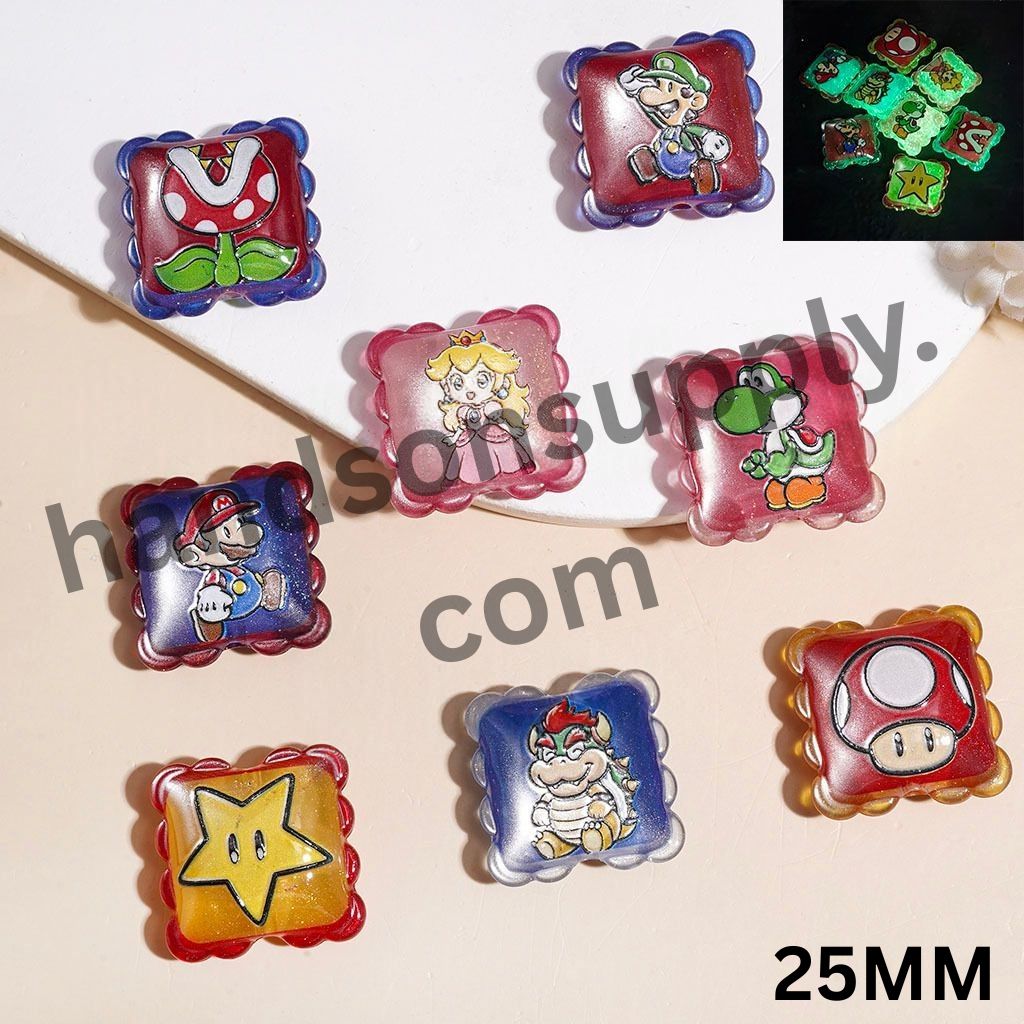 Luminous Game-Inspired Plumber Character Designs with Wavy Edge Flat Square Acrylic Beads, 25MM, Multi-Color Random Mix