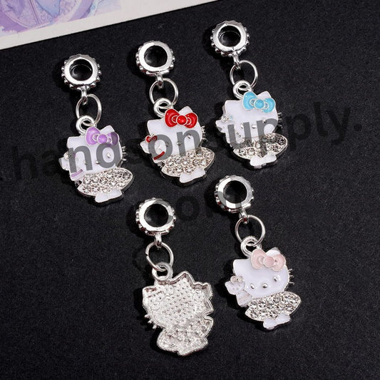 Cute Cat Silver Alloy Charm Pendants with Clear Rhinestones Round Ring Bail Beads Random Mix