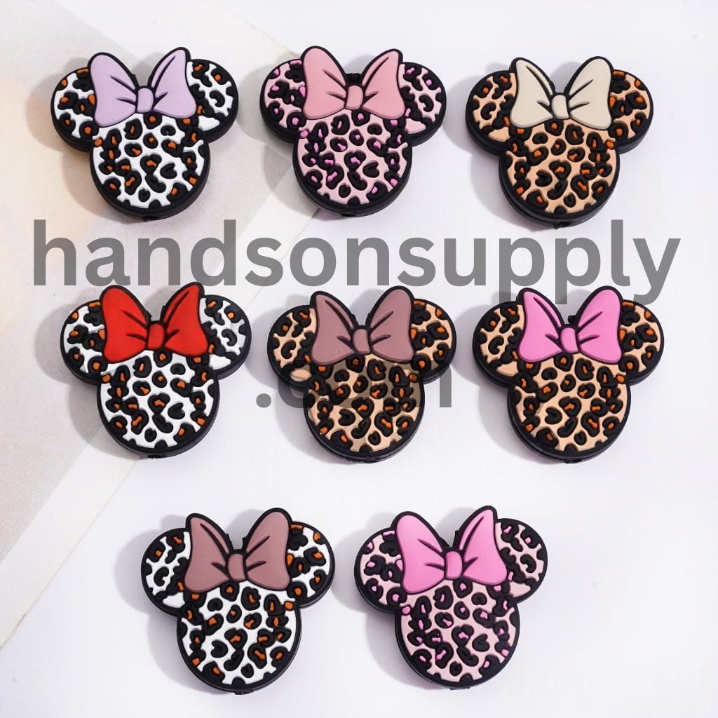 Adorable Leopard Print Mouse Couple Girl & Boy with Bow Silicone Focal Beads, Random Mix