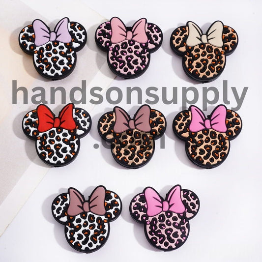 Adorable Leopard Print Mouse Couple Girl & Boy with Bow Silicone Focal Beads, Random Mix