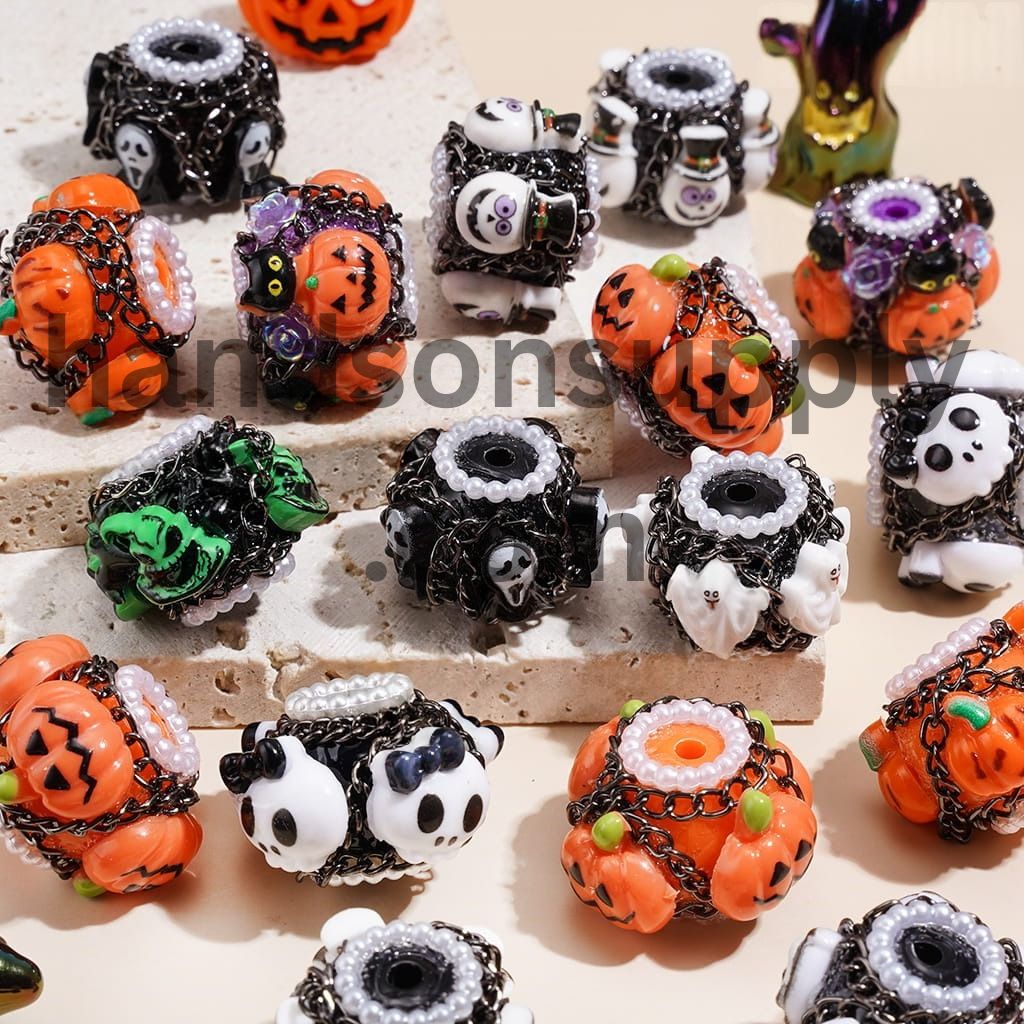Spooky Horror Characters with Gun Black Metal Chains & White Pearl Loop Assorted shapes Halloween Theme Handcrafted Clay Beads