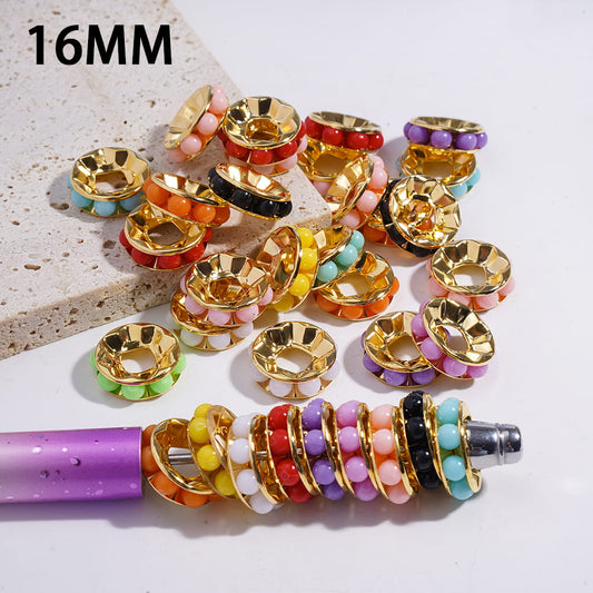 Gold Alloy with Macaron Color Pearls Round Spacer Beads 16MM Large Hole Random Mix (The Hole Diameter is Around 5MM)