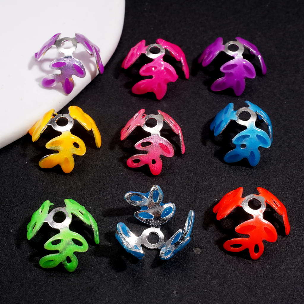 Alloy Bead Cages with Fluorescent Leaf, Bead Caps in Solid Color, Random Mix (They Fit 16MM Beads)