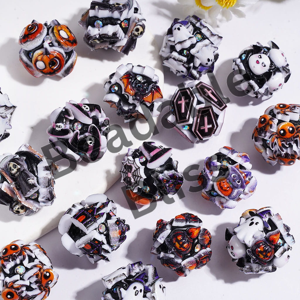 Clay Beads Halloween Theme with Demon Ghost Pumpkin Cat Castle Coffin Skeleton Bat, AB Rhinestones, 20MM Random Mix