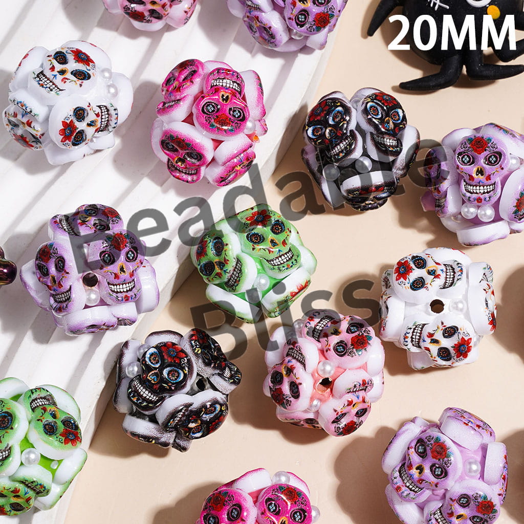Clay Beads Skeleton Skull in Day of the Dead Theme, White Pearl, 20MM Multi-Color Random Mix