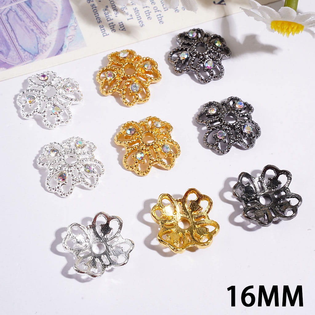 Alloy Bead Cages Heart Shaped Four Leaf Clover with AB Rhinestones, Bead Cap, 16MM Multi-Color Random Mix  (They Fit 14MM Beads)