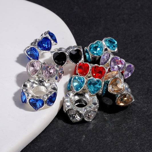 Silver Metal Beads with Shiny Heart-Shaped Rhinestones, Big Hole Spacer Beads, Multi-Color, Random Mix (Hole Diameter Approx. 4.5MM)
