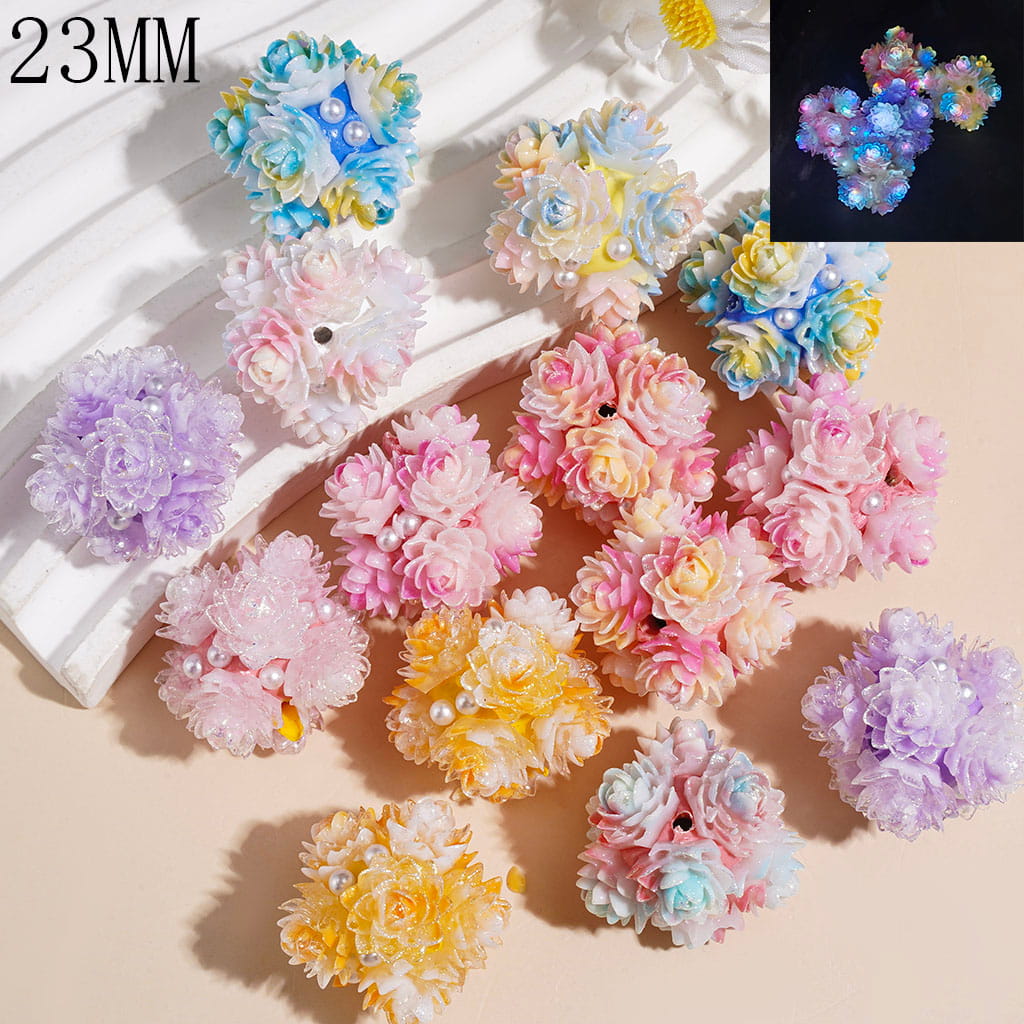 Clay Beads with Luminous & Gradient Color Flower with Glitter and White Pearl, 23MM Random Mix Multi-Color