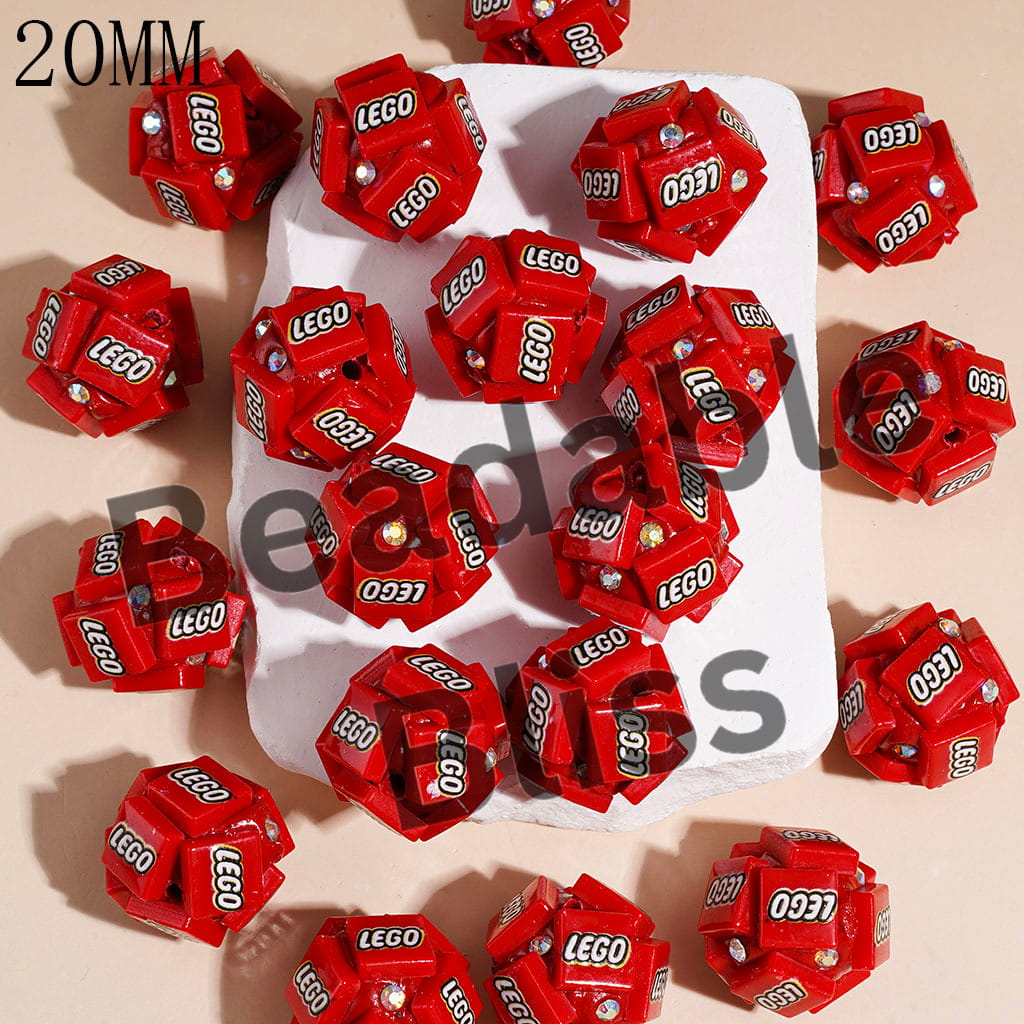 Clay Beads with Building Block Bricks Pattern and AB Rhinestones on Red Background, 20MM