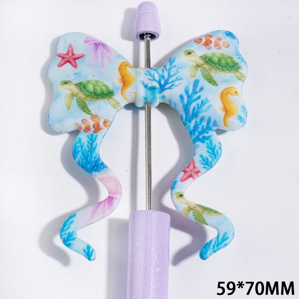 Adorable Ocean Animals, Turtles, Seahorses, Clownfish, Starfish, Coral and Jellyfish Printed Soft Bowknot with Long Ribbon Silicone Focal Beads, 59*70MM