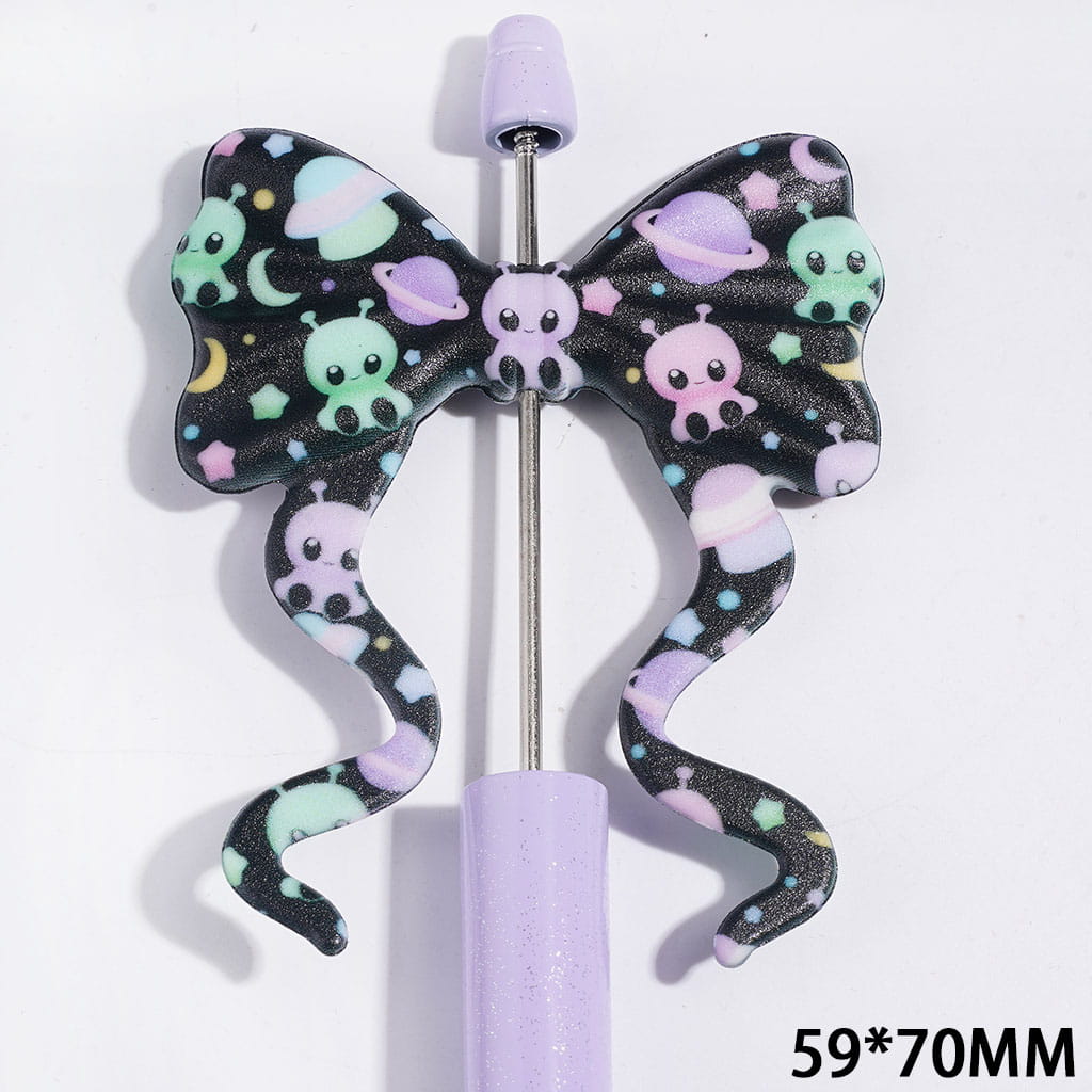 Cute Space Alien, Planet, Moon and Star Print Soft Bowtie with Long Ribbon Silicone Focal Beads, 59*70MM