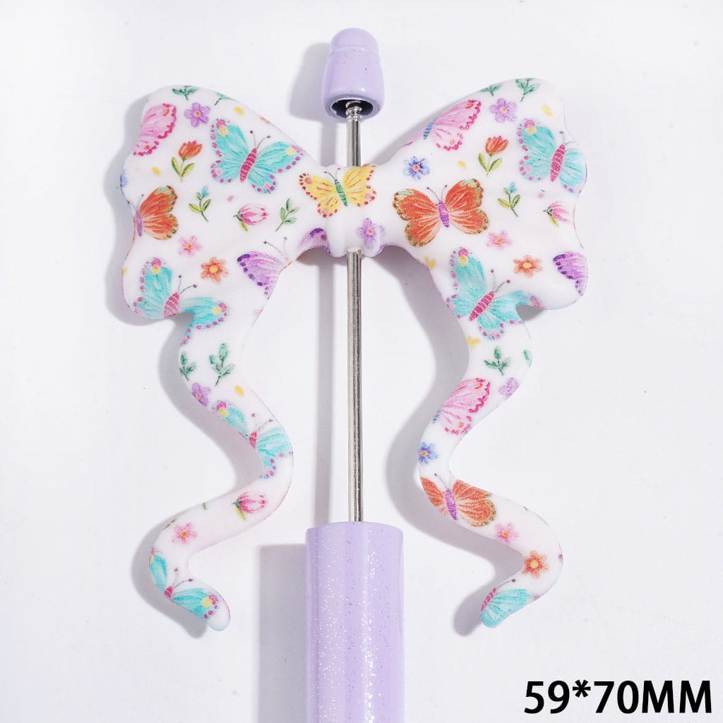 Colorful Butterfly and Flower Print Soft Long Ribbon Bowknot Silicone Focal Beads, 59*70MM