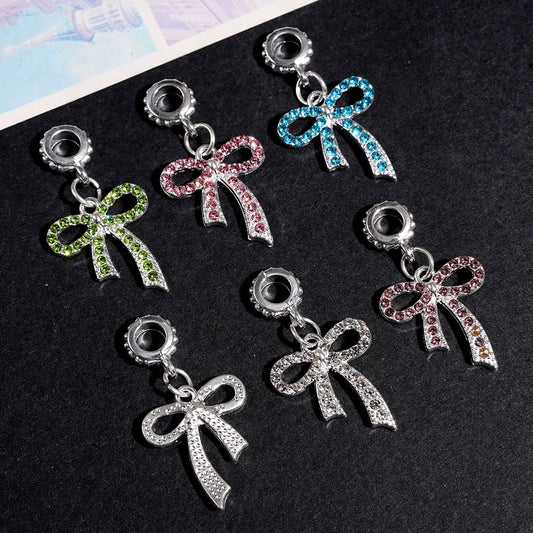 Bowknot Shape Dangle Alloy Bead Charms with Colorful Crystal Rhinestones, Silver Tone, Jewelry Accessory,  Assorted Colors, Random Mix