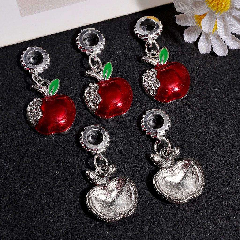 Silver Metal Bail Loop Beads, Hanging Charm Pendants Red Apple with Clear Rhinestones, Jewelry Accessories