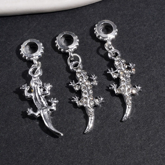 Silver-Tone Gecko Lizard with Clear Rhinestones Metal Bail Beads for Hanging Charms and Pendants