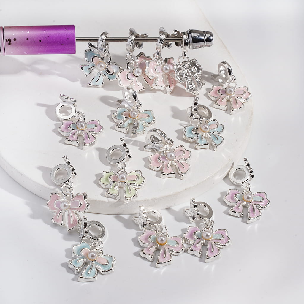 Multi Color Butterfly Charm Pendant Bowtie with White Pearl Silver Alloy Bail Beads Random Mix
