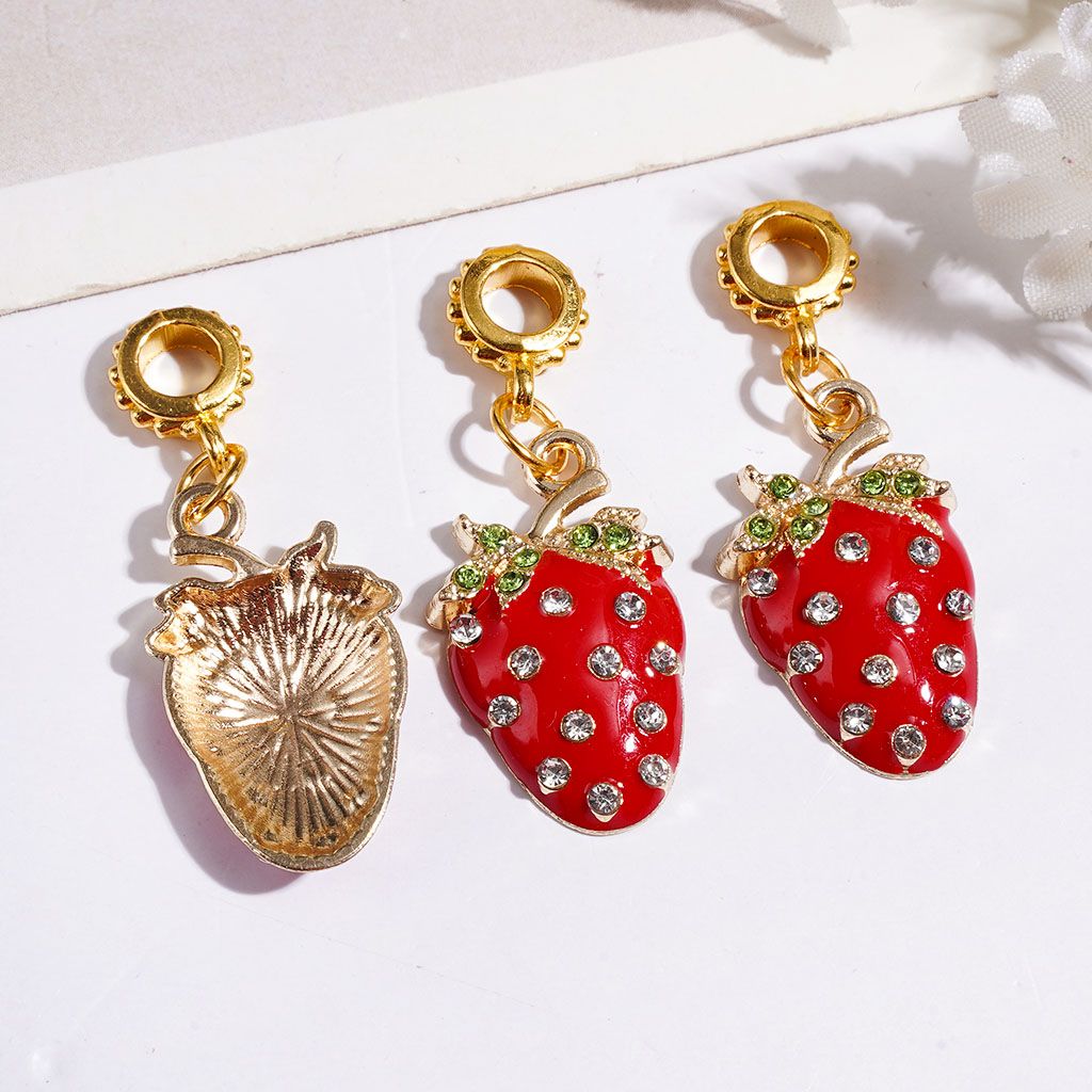 Strawberry with Clear and Green Rhinestones Alloy Bail Loop Beads for Jewelry Accessories and Hanging Charm Pendants