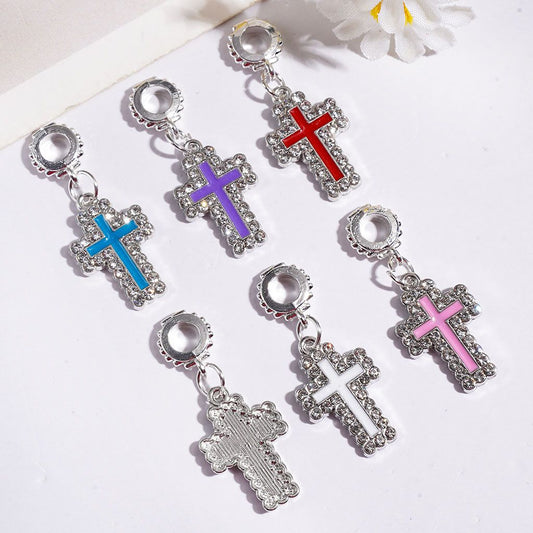 Cross Charm Bail Beads with Clear Rhinestones, Silver Alloy Jewelry Findings, Random Mix
