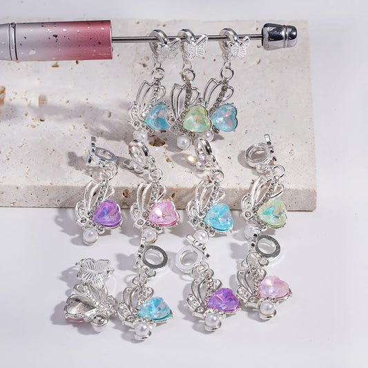Silver Alloy Butterfly Wings Heart Rhinestone White Pearl Bail Charm Beads Random Mix