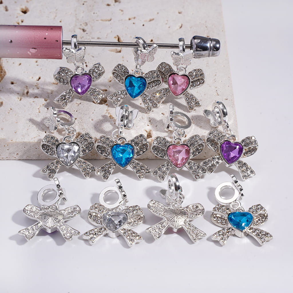 Silver Alloy Bowknot Butterfly Heart Rhinestone Silver Alloy Bail Charm Beads Random Mix