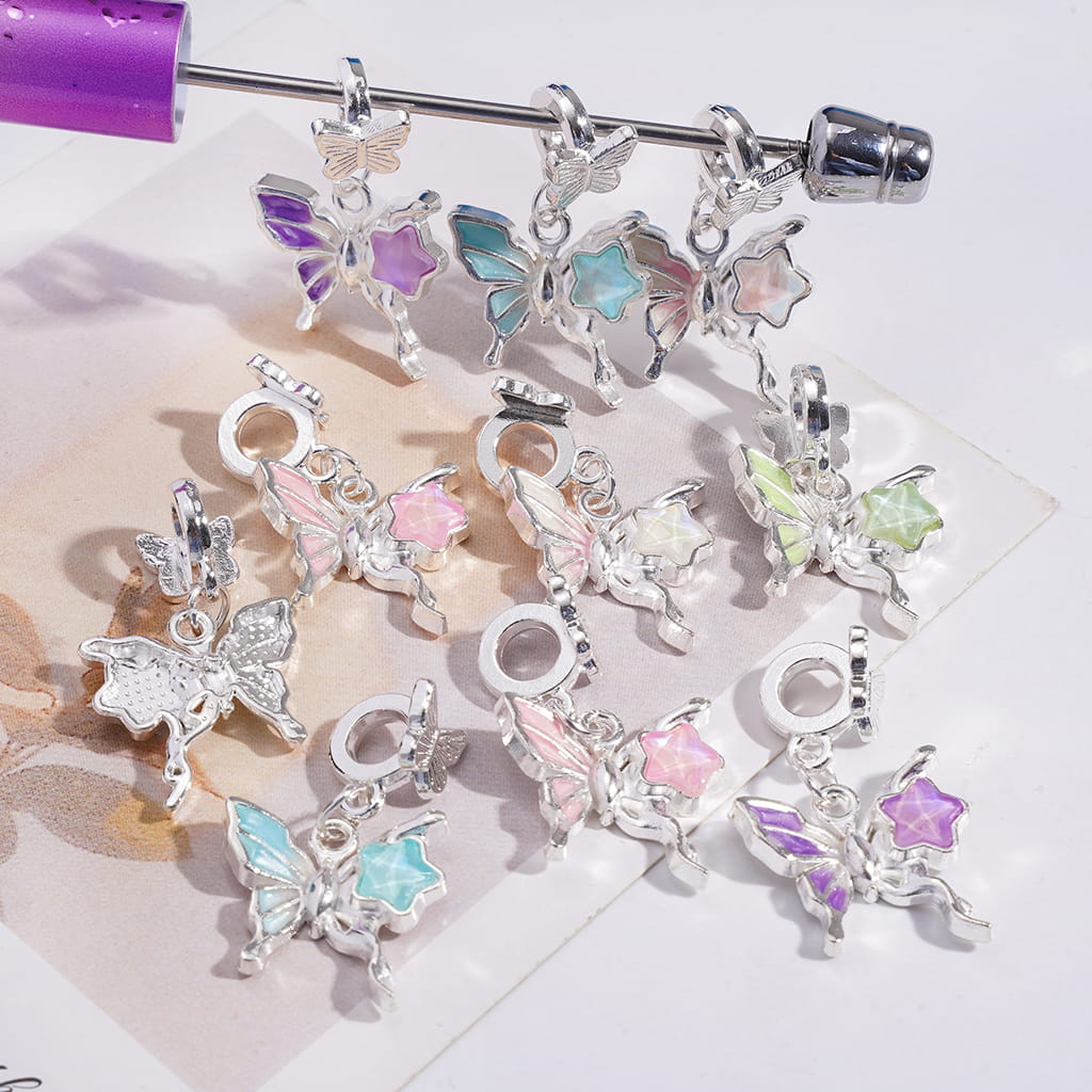 Multicolor Butterfly & Star Rhinestone Charm Pendant Silver Alloy Bail Beads Random Mix