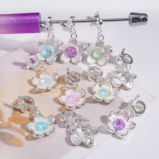 Silver Alloy Butterfly & Curved Flower Multicolor Rhinestone Bail Beads Random Mix