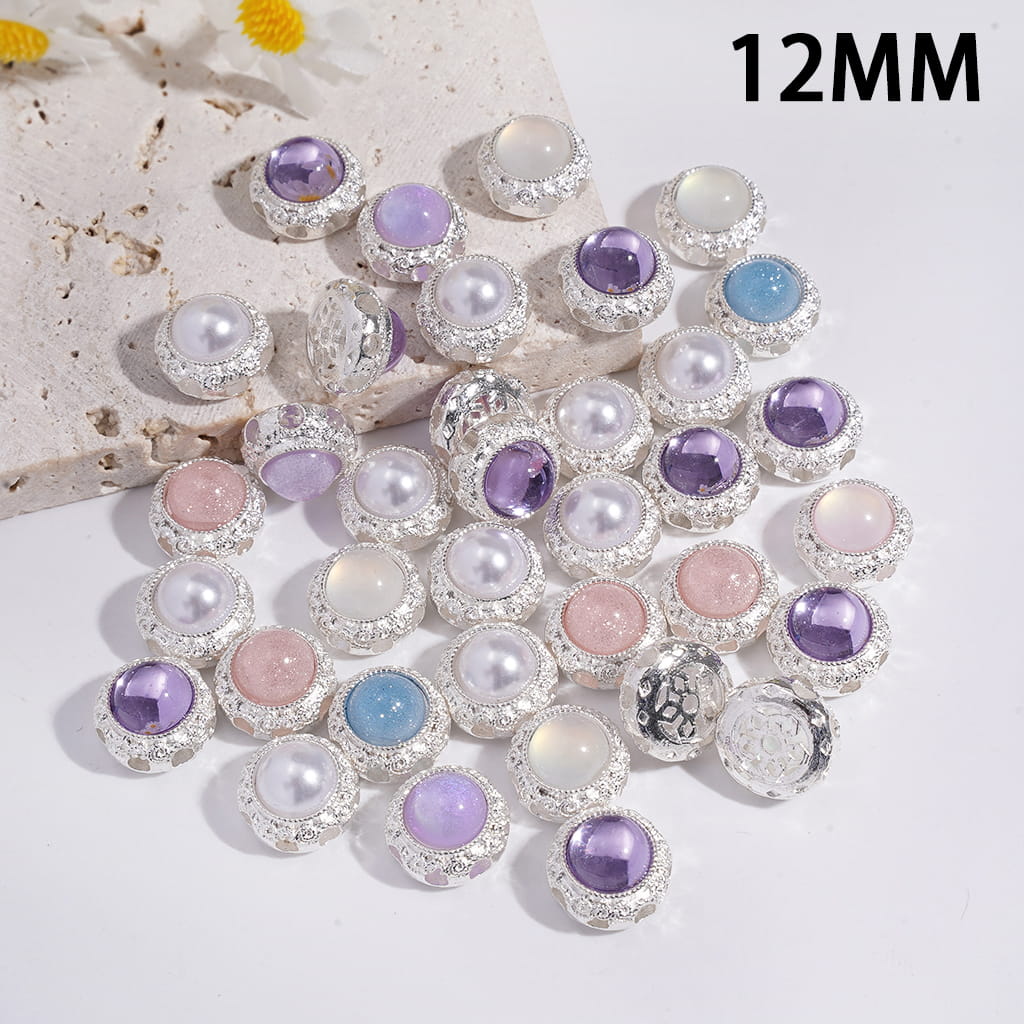 Elegant Silver Metal Pearl Rhinestone Beads, Floral Hollow Back Design, 12mm Random Mix (Not Suitable for Pen Use)