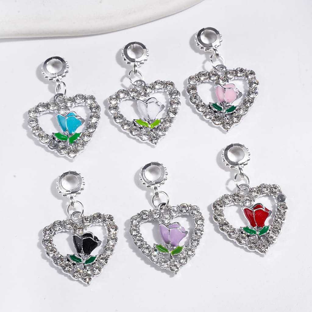 Elegant Heart and Rose Flower with Sparkling Clear Rhinestone, Alloy Bail Loop Beads Charm Pendants, Multicolor Random Mix