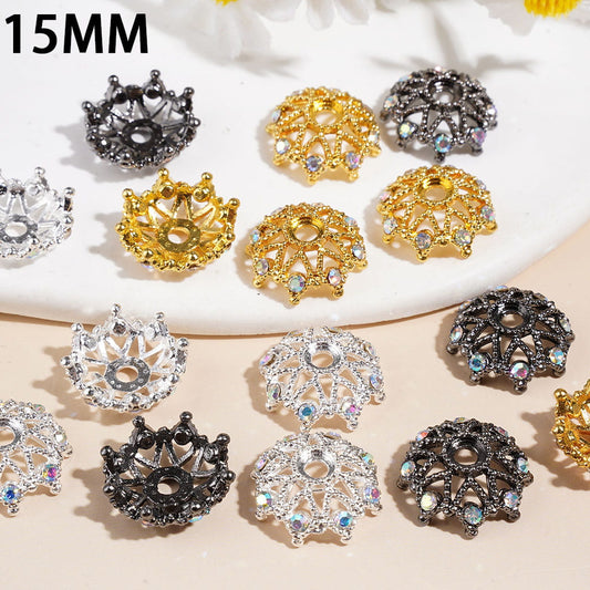 Crown Flower Alloy Bead Cages with AB Rhinestones, Gold, Silver & Gun Black Colors, Bead Cap,15MM Random Mix (They Fit 16MM Beads)