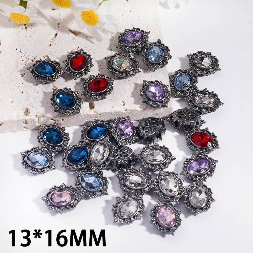 Gun Black Alloy Mirror Beads with Oval Rhinestone & Hollow Flower Back Design, 13×16mm Random Mix (Not Suitable for Pen Use)