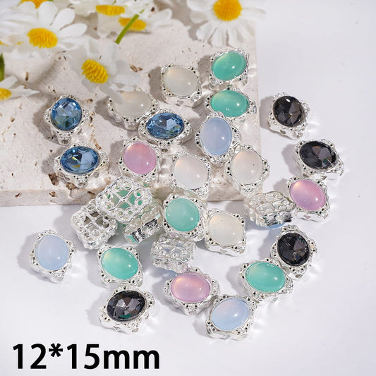 Silver Metal Rhomb Beads with Oval Rhinestone & Hollow Scroll Design 12*15MM, Random Mix (Can't Used for Pen)