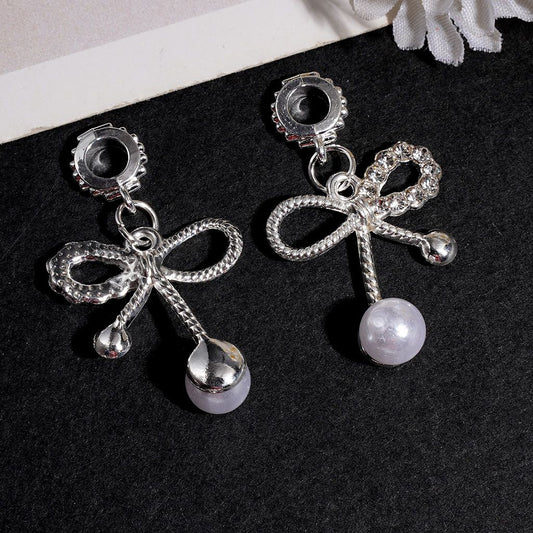 Silver Alloy Bowtie Bail Loop Beads with Rhinestone & Pearl Charm, Jewelry Findings