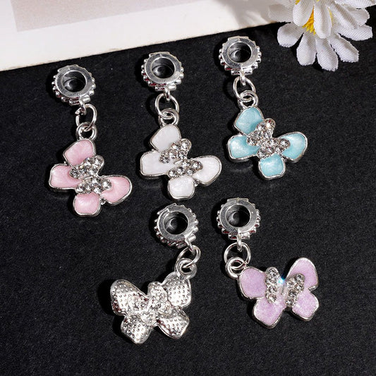 Butterfly Bail Loop Beads with Shiny Rhinestone Charms, Silver Alloy, Random Mix